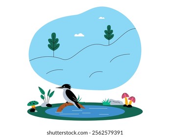 Natural landscape of a small lake with calm water, surrounded by green grass and some small trees, a bird is perched on a branch, there are some mushrooms, ecosystem vector illustration.