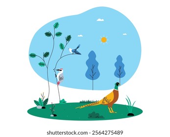 Natural landscape of small tree with woodpecker perched on its trunk and a bird on a tree branch, also a peacock with colorful feathers near the grass, ecosystem vector illustration.