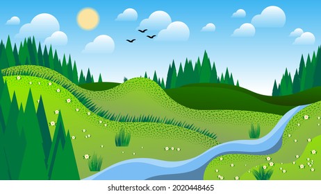 natural landscape. a stream among grass and fields and hills with flowers and conifers against the background of a forest, sky with the sun, clouds, silhouettes of flying birds. flat design.vector