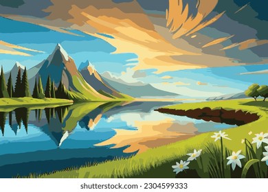 The natural landscape in summer is full of shady trees, flower, river, grass, rock and mountain