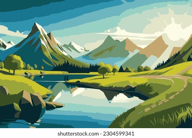 The natural landscape in summer is full of shady trees, flower, river, grass, rock and mountain