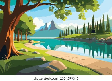 The natural landscape in summer is full of shady trees, flower, river, grass, rock and mountain