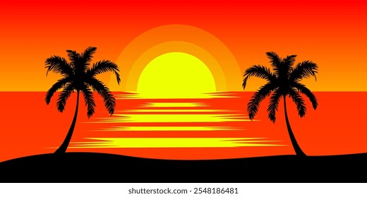 Natural Landscape Summer sunset on the sea and silhouette of coconut trees