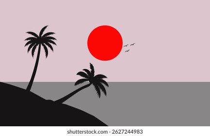 Natural Landscape in Summer Sunset at Sea and Silhouette of Coconut Trees