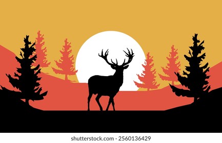 Natural Landscape Sun View Silhouette Deer and Pine Trees