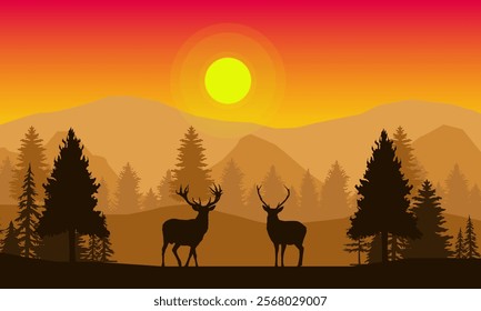 Natural Landscape Sunrise with Beautiful Pine Trees and Wild Deer