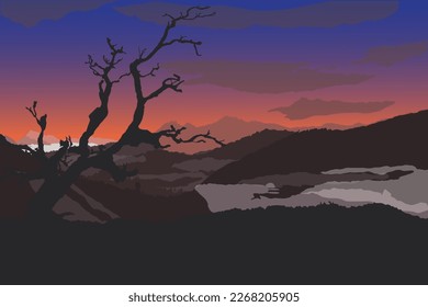 Natural landscape with sunset mountain silhouette fit for background, postcard, etc.