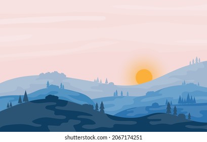 Paisaje natural al atardecer. Atardecer al fondo de colinas y árboles. Dibujo de dibujos animados de paisajes naturales en diseño plano. Ilustración vectorial. Vector.