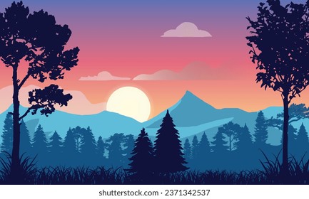 Natural landscape sunset view wallpaper, vector, illustration