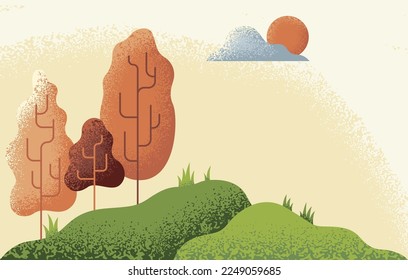 Natural landscape in textured style. Tree on green hill