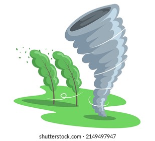 Natural landscape with tornado, tall green trees bend in wind. Bad weather and climate change. Destructive twister natural phenomenon with strong wind. Natural disaster thunderstorm, windstorm