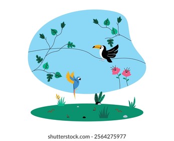 Natural landscape of trees and flowers, toucan bird perched on tree branch and blue parrot flying, also green grass, some small stones and worms, ecosystem vector illustration.