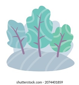 Natural landscape with trees and forest. Blue-green background. Place and template. Modern trendy flat cartoon