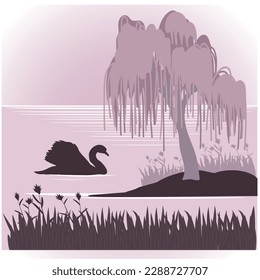 Natural landscape with trees, lake and swan birds silhouettes. Vector illustration