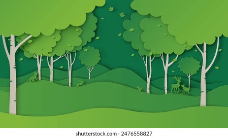 Natural landscape of tropical green forest with wild animals. Ecology and save the world. paper cut and craft style. vector, illustration.