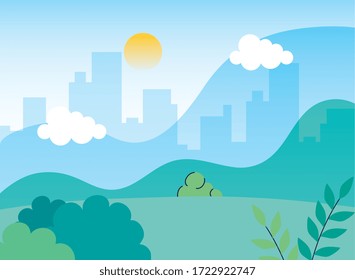 natural landscape with urban scene vector illustration design