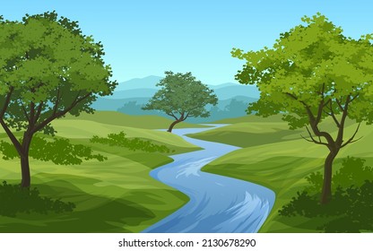 natural landscape vector illustration with creek