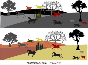 Natural landscape vector with running horses