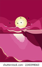 Ilustración vectorial. vistas al bosque y al lago. Papeles naturales. minimalismo geométrico, concepto de puesta de sol,
Formato vectorial. adecuado para decoración de pared, afiche, publicidad, fondo del sitio web.