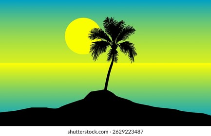 Natural Landscape View in the afternoon Sunset at sea and Silhouette of Coconut Trees