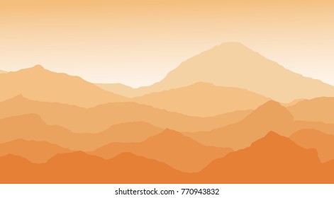 Natural landscape view of mountain range in the sunset time with orange color - golden time in vector style