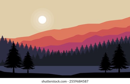 natural landscape view of Mountain, sun and silhouette of Pine Tree