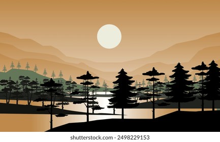 Natural landscape view of Mountains with lake and tree silhouettes