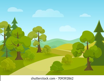 Natural landscape with village road and trees. Cartoon vector illustration.