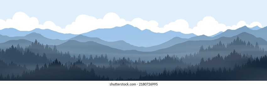 Naturhintergründe sind nichts wie Berge und Kiefernwälder mit Nebel morgens oder abends.  Vorlagen für Design, Poster, Präsentationen, Hintergrundbilder für Design.
