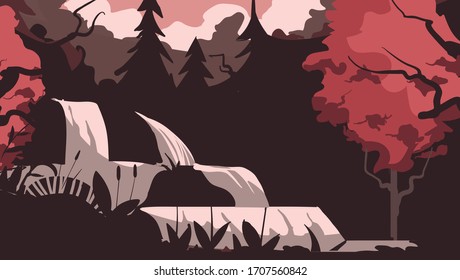 Natural landscape with a waterfall in the forest in cartoon style. Flat landscape vector illustration.