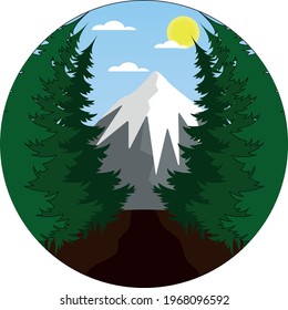  Natural landscape with wild pine forest on either side of the trail, blue skies and snow-capped mountains in the distance. Flat vector for company or camping logo