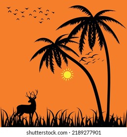 Natural landscape wildlife silhouette. Trees. grass, animals silhouette.