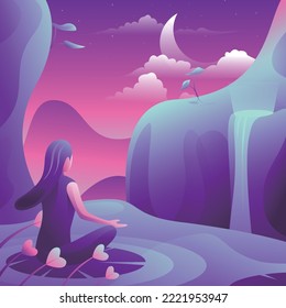 Natural landscape with women. Female character sitting on lotus leaf meditates breathing in evening moon, there are some, mountains, trees, rivers and waterfalls. Cartoon vector background