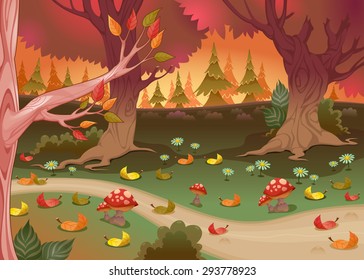 Natural landscape in the wood. Cartoon vector illustration.