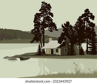 Natural landscape with wooden house in the forest near the lake. Vector illustration.