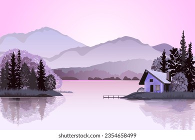 Natural landscape with wooden house in the forest near the lake. Vector illustration.