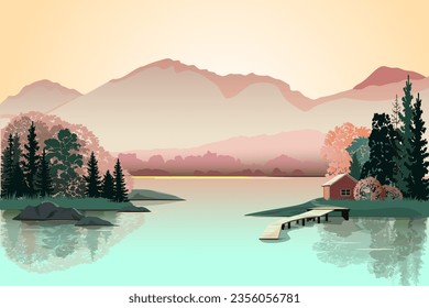 Natural landscape with wooden house in the forest near the lake. Vector illustration.