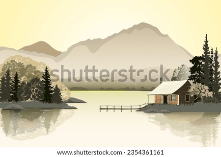 Natural landscape with wooden house in the forest near the lake. Vector illustration.