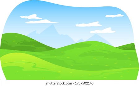 Natural landscapes field, green hill area place with snow mountain background isolated on white, cartoon vector illustration. Eco clean organic open spaces banner, endless green margin.