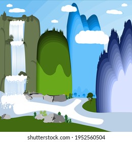 Natural landscapes with forests with waterfalls and rivers that people use for their daily life and consumption..eps