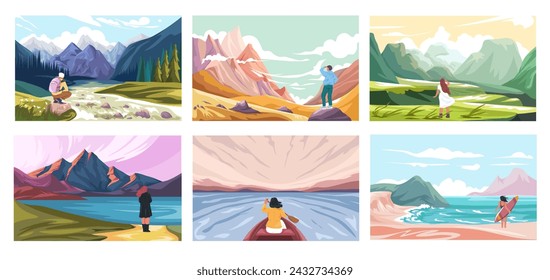 Natural landscapes with mountain ranges, lakes and rivers. People traveling and enjoying views on vacation or trip. Seashore and forest, pond and snowy peaks, sunset on horizon. Vector in flat style