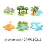 Natural landscapes vector icon set. Mountain, Forest, Desert, and Beach illustration