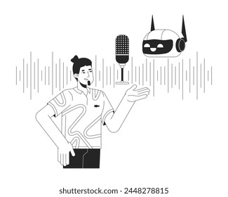 Concepto de ilustración 2D en blanco y negro de generación de lenguaje natural. Inteligencia artificial y hombre hablando de dibujos animados de carácter aislado en blanco. Arte vectorial monocromo de metáfora de grabación de voz