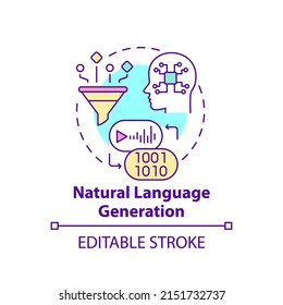 Icono de concepto de generación de lenguaje natural. Ejemplo de línea delgada de idea abstracta de administración de datos aumentada. Proceso de software. Dibujo de contorno aislado. Trazo editable. Fuentes Arial, Myriad Pro-Bold utilizadas
