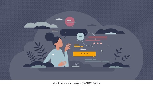 Natural language parsing or NLP as AI speech teaching tiny person concept. Work with linguistics for artificial intelligence technology vector illustration. Information cyber processing and collection