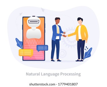 Natural Language Processing concept whereby AI gives computers the ability to read, understand and derive meaning from human languages as two men shake hands near a mobile device, vector illustration