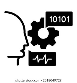 Natural Language Processing Icon. Showcases a silhouette of a head with gears and binary code, symbolizing the mechanics of language understanding in AI. NLP icon in flat design. 