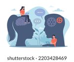 Natural language processing or Neuro-linguistic programming, artificial intelligence technology. Head with brains and gears, people study online. Vector cartoon flat nlp concept