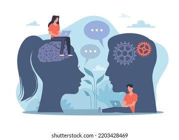 Natural language processing or Neuro-linguistic programming, artificial intelligence technology. Head with brains and gears, people study online. Vector cartoon flat nlp concept