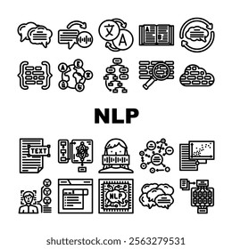 natural language processing nlp icons set vector. tokenization parsing, semantics syntax, embeddings transformers, bert natural language processing nlp black contour illustrations